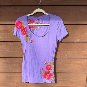 JW Joy Love Light Embroidered Floral Women's Top - Purple size S (holes noted)